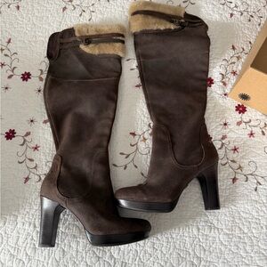 UGG Dark Brown Heeled Boots with Fur Trim